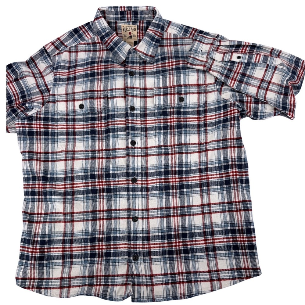 Red Head‎ Plaid Flannel Shirt Men's 2XL red white Blue Long Sleeve Button Up
